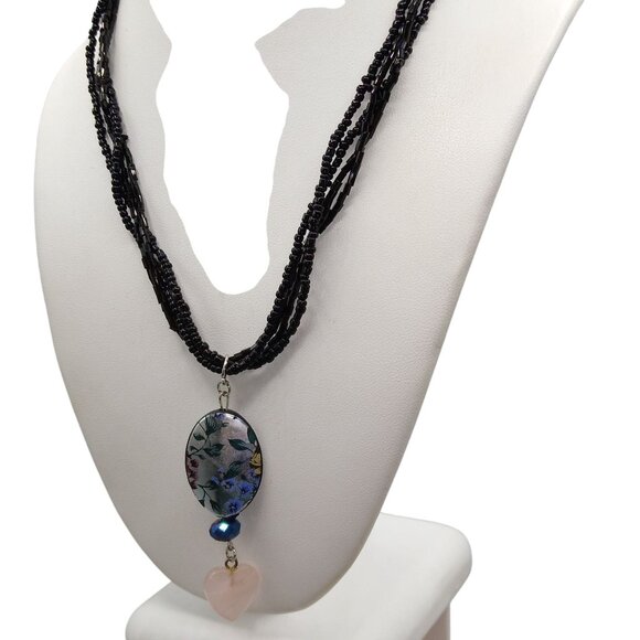 Vintage Hand Beaded Hearts and Flowers Drop Pendant on Multi Strand Black - Picture 3 of 5